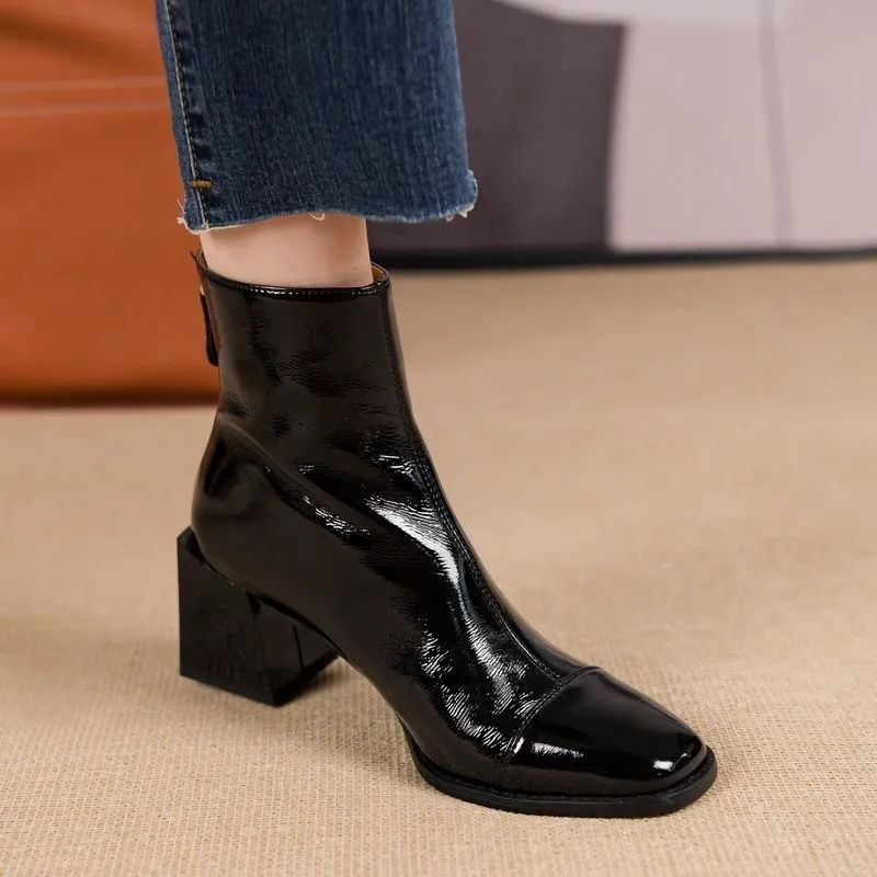 

Women Patent Leather Ankle Boots Retro French Style Square Toe Block Heel Back Zipper Women's Shoes Fashion Slim Fit Short Boots