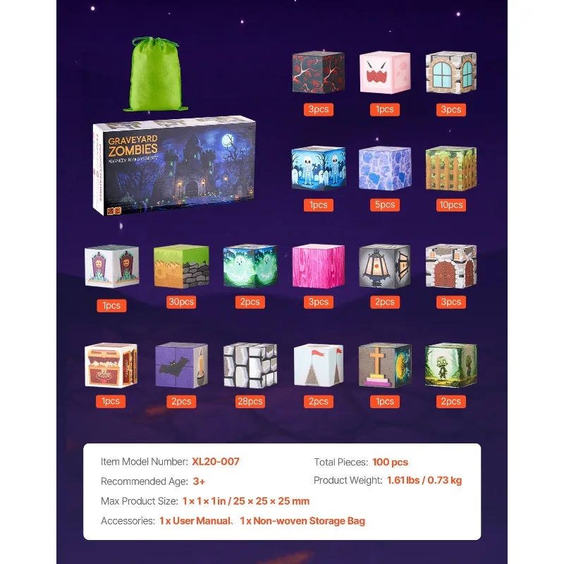 Magnetic Blocks 100 PCS Cemetery Zombies Set STEM Montessori Sensory Toys