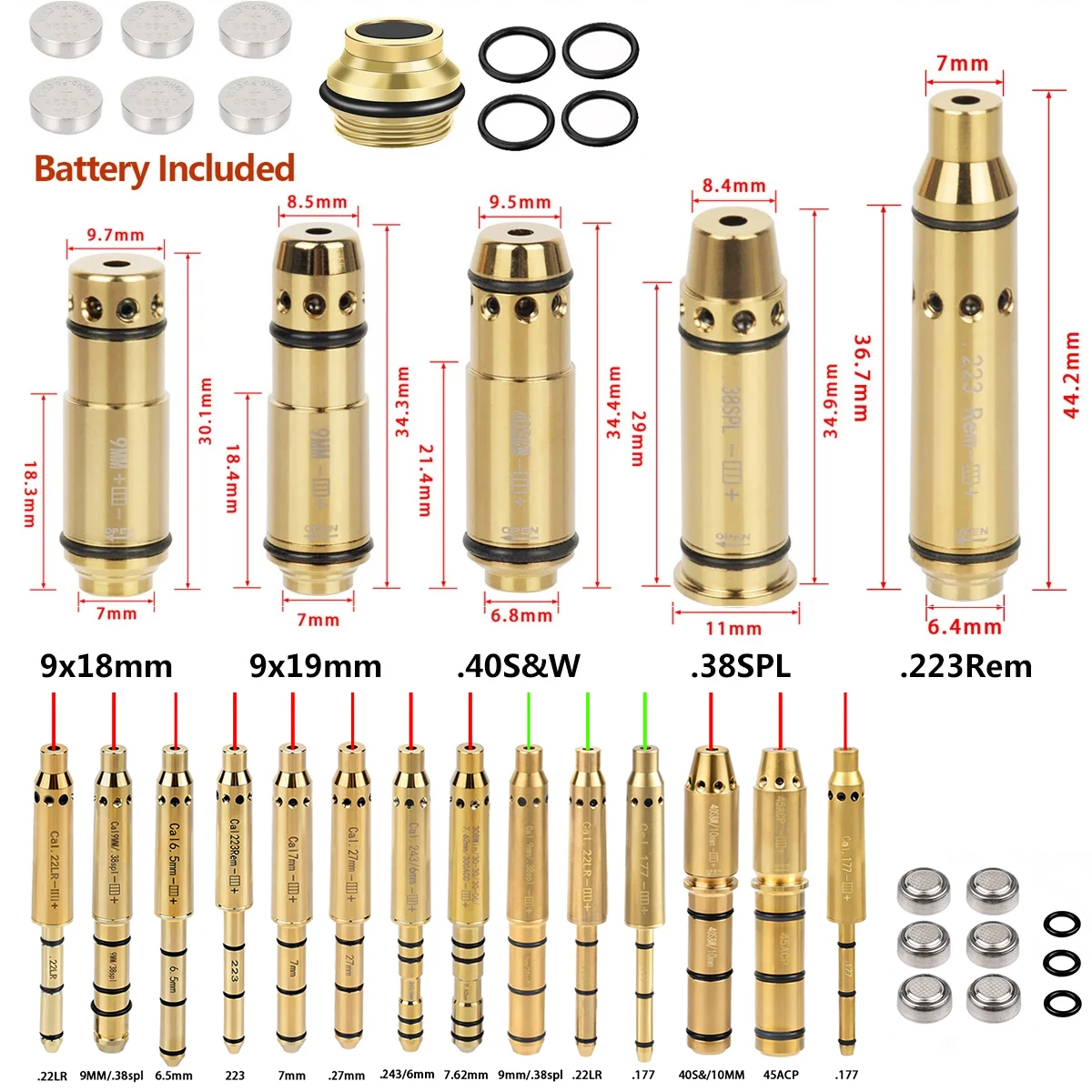 9mm Tactical Dry Firing Training Laser Bullet .177/22LR/.223Rem/.38spl Bore Sight 45ACP 40S&W 380ACP Hunting Red Dot Laser