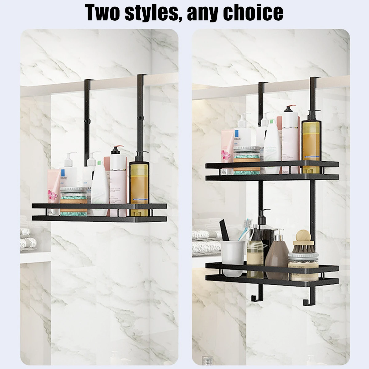 Shower Caddy Hanging Shelf with Hooks Suction Cups Stainless Steel Nail-free Shampoo Storage Shelf Rack Bathroom Basket Holder