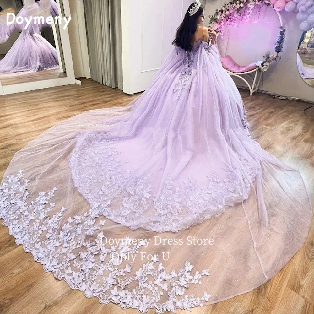 Doymeny Butterfly Quinceanera Dress Cape Off Shoulder Sweep Train Sleeveless Sweet 16 Vestido 15 Anos Festa Dress