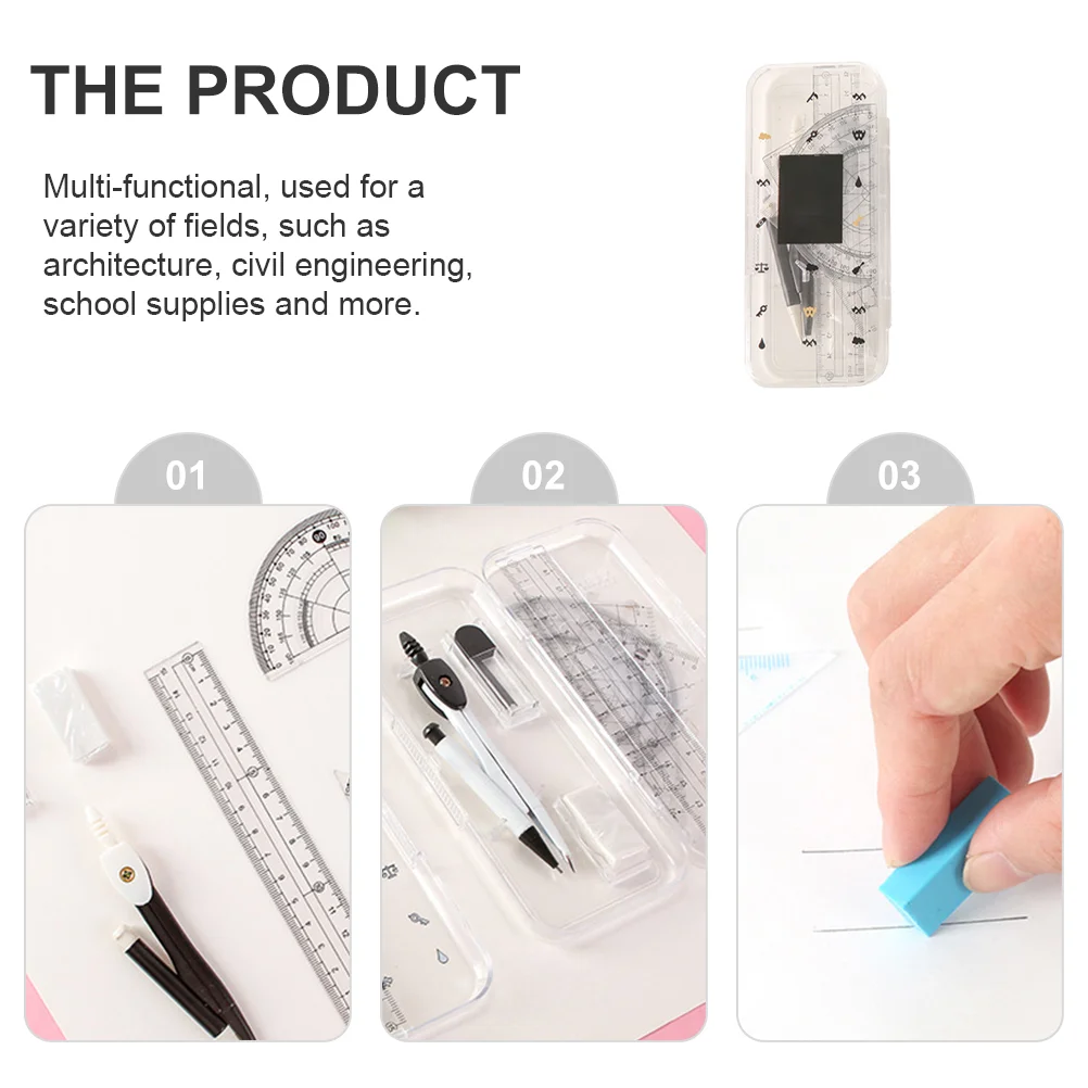 Compass Set Students Drawing Drafting Eraser Design Tools Cartoon Kit Plastic Metal Rulers