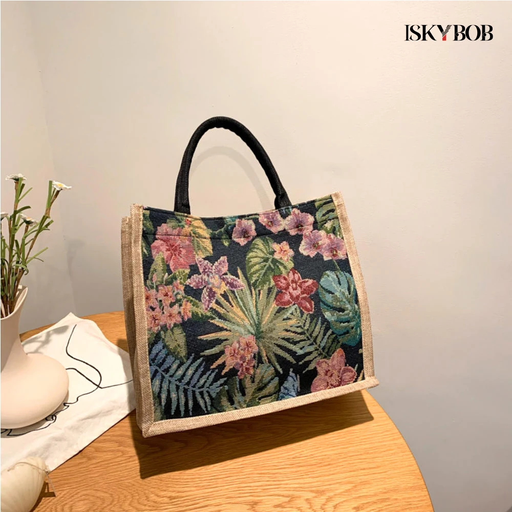 Large Capacity Linen Tote Bag Vintage Handbag Women Tote Grocery Bag Gift Bag Beach Organizer Portable Shopping Commuter Bag