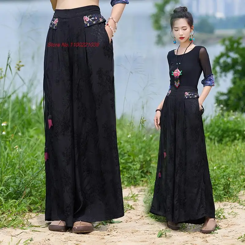 2024 chinese vintage flower embroidered pants women traditional wide leg trousers national elastic waist satin jacquard pants