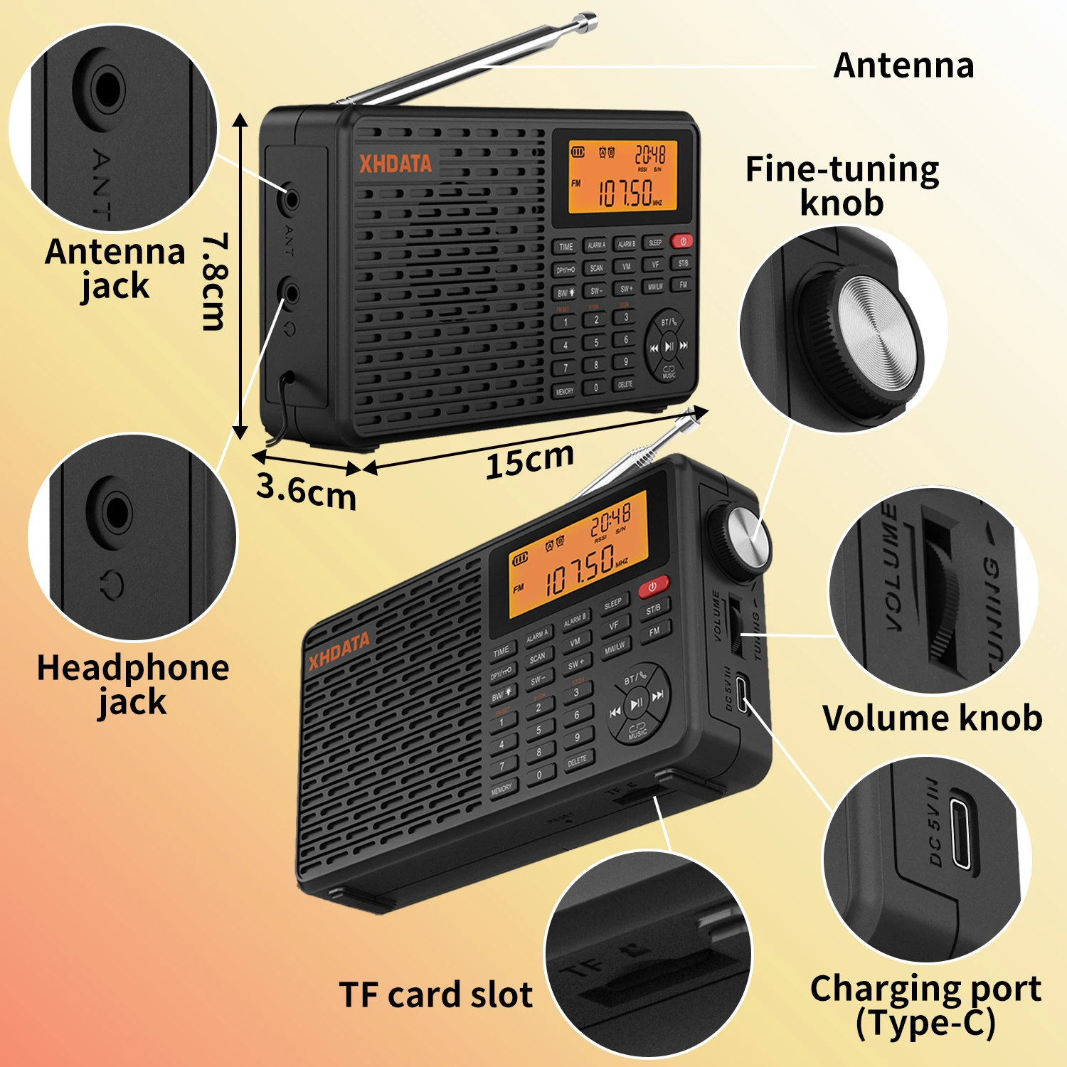 XHDATA D-109 Stereo Digital Portable Radio AM SW MW FM Radio Bluetooth Compatible Multifunctional Radio Support TF Card Player