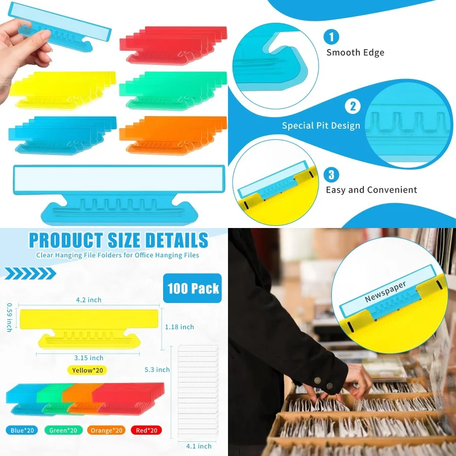 

100 Pieces 4 Inch Hanging File Folder Tabs and Inserts with Large Clear Plastic Design for Organizing Filing Cabinet Folders Id
