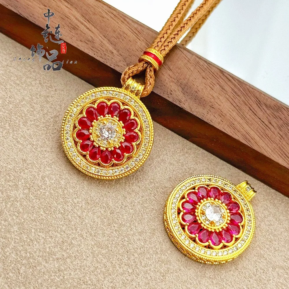 New Chinese rose red diamond sunflower compass pendant with silk rose window 9999gold