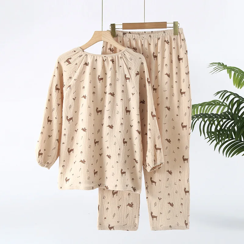 Autumn Crepe Cotton Pajamas Cute Round Neck Home Wear Cardigan Printed Pijama Feminino Long Sleeve Sleepwear Women Trousers Sets