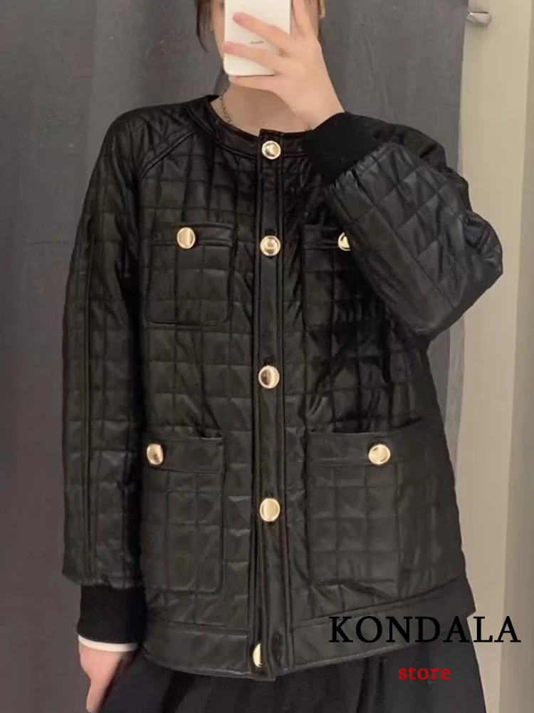 

KONDALA Vintage Plaid Black PU Streetwear Button Women Jacket Fashion 2023 Autumn Long Sleeve Cool High Street Casual Outwear