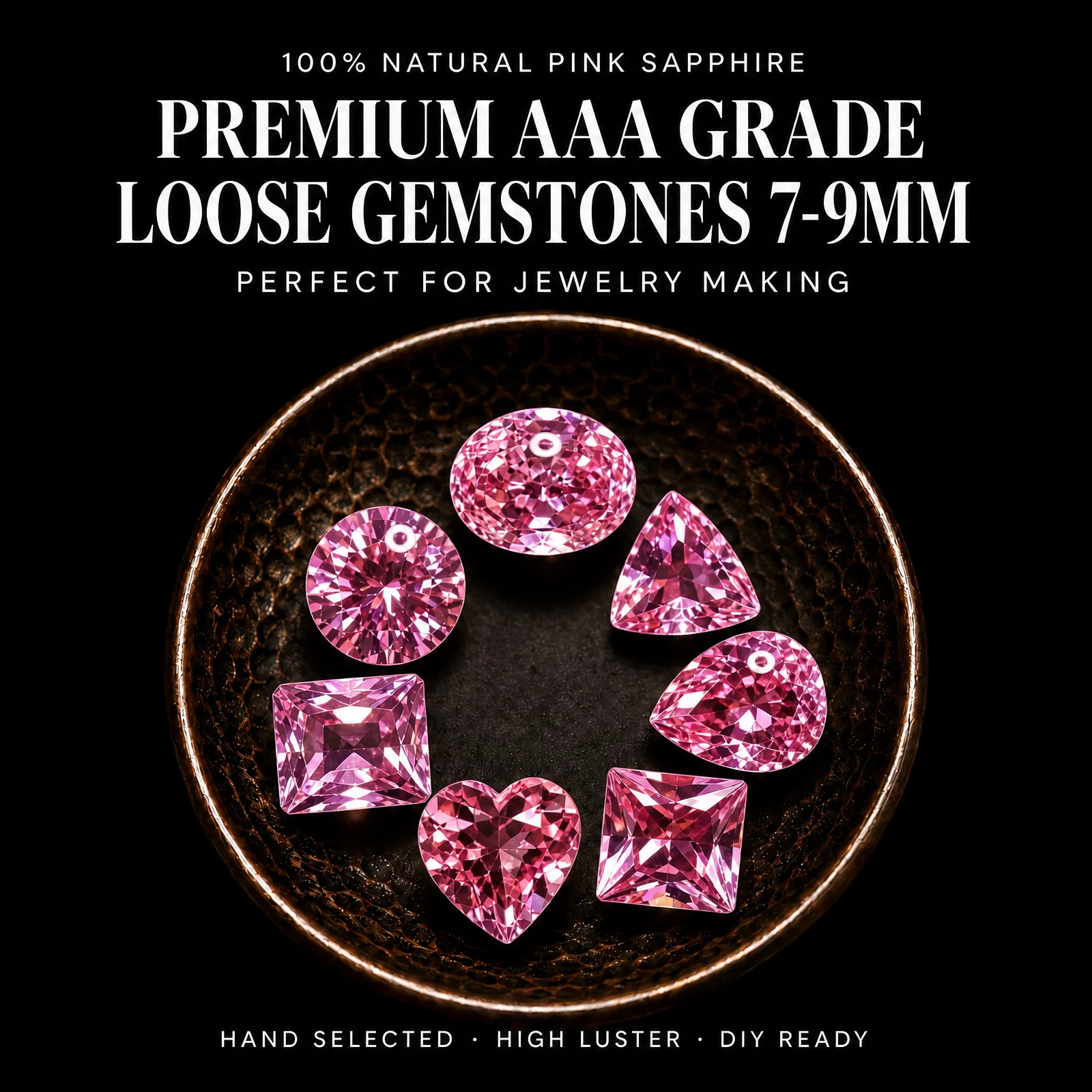 7Pcs AAA Grade Pink Sapphire Loose Gemstones, Multi‑Shape Faceted Pink Gem Stone 7‑9mm Oval Round Pear Teardrop Trillion Heart Princess Emerald Cut Sparkling Loose Stones for Ring Pendant Earrings Jewelry Making DIY Craft Gem Gift