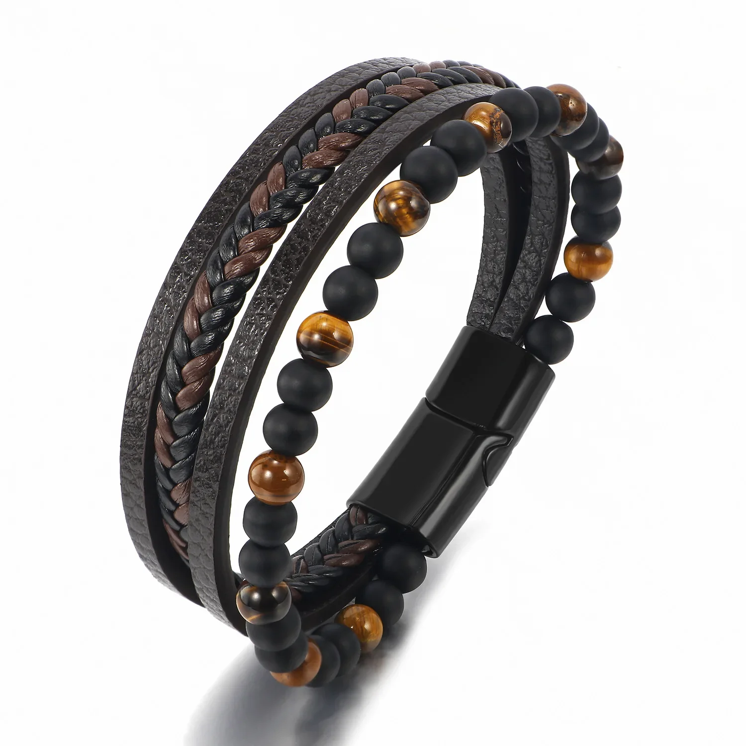 

Light luxury fashion hand-woven natural stone beaded leather charm bracelet for men