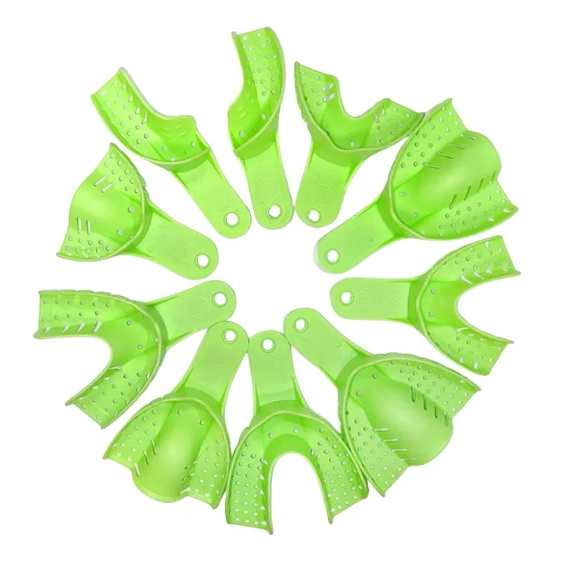 10pcs Dental Impression Trays Autoclavable Perforated Impression Tray Set Upper and Lower Plastic Teeth Holder (Green)