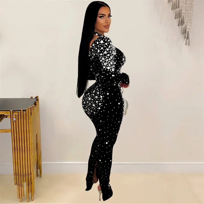 Nieuwe Dames Lange Mouw Ronde Hals Bodycon Pure Mesh Diamanten Lange Sexy Feestjurken Grote Strass Nacht Club Elegante Avondjurk