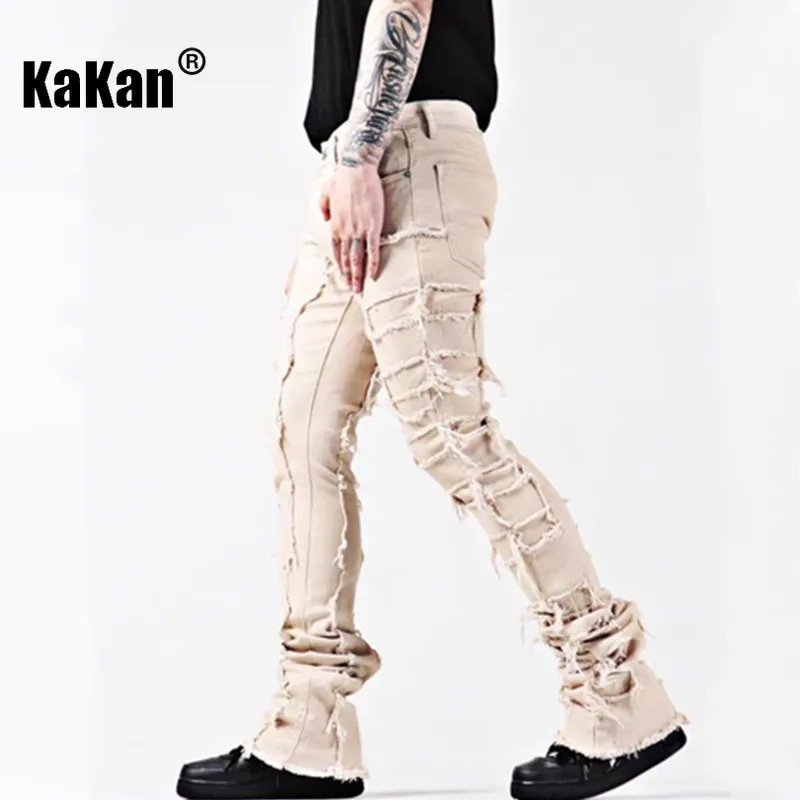 Kakan - Europe and The United States New Personalized Patch Fringe Jeans Men's, Micro-labelling High Street Slim Long Jeans K9