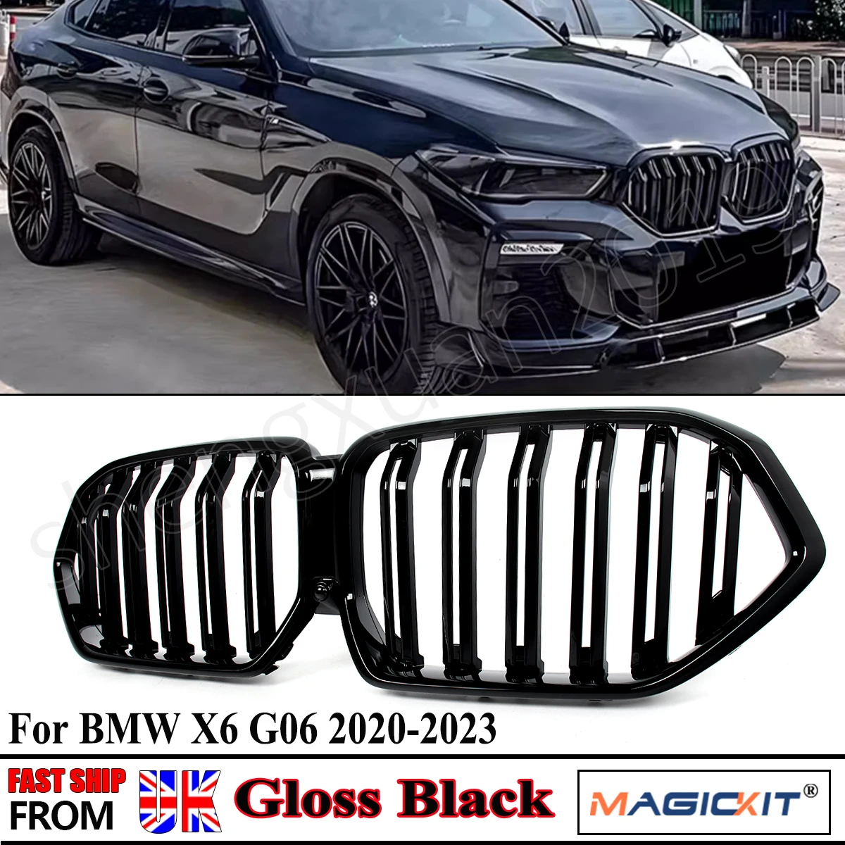 For BMW X6 G06 X6M F96 2020-2023 Gloss Black Dual Slat Front Kidney Grill Grille