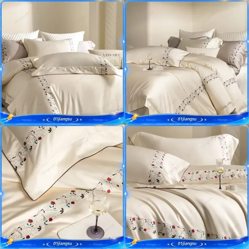 Luxury Egyptian Cotton Bedding Set 4Pcs Elegant Flower Embroidery Duvet Cover Flat Fitted Sheet Pillowcases Soft Comfortable