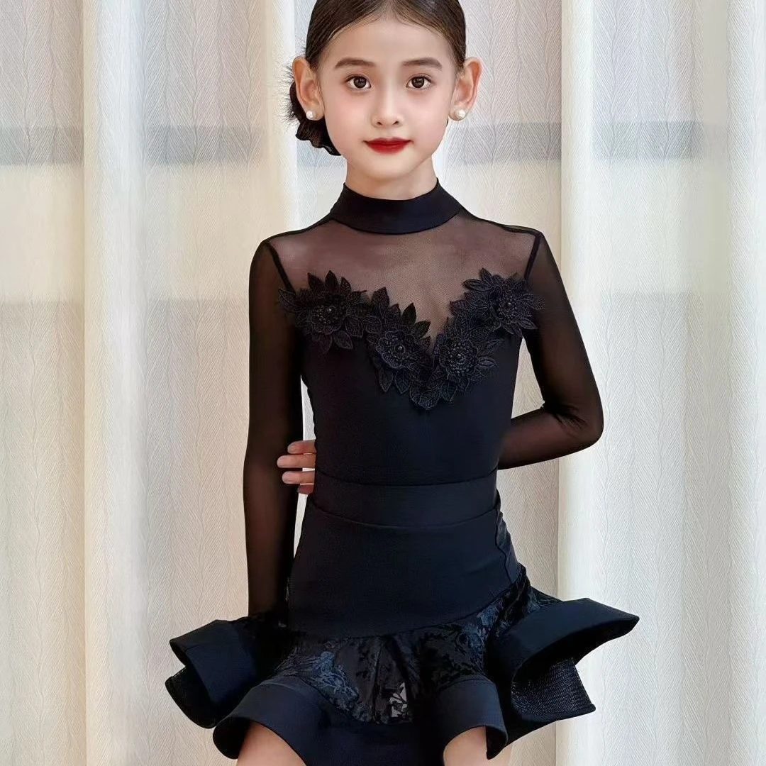 Schwarzes Latein-Tanzkleid für Mädchen, hochgeschlossener Kragen, lange Ärmel, Tanzbekleidung für Kinder, Cha-Cha, Standardtanz, Swing-Tanz, Trainingskostüm. – Detail 2