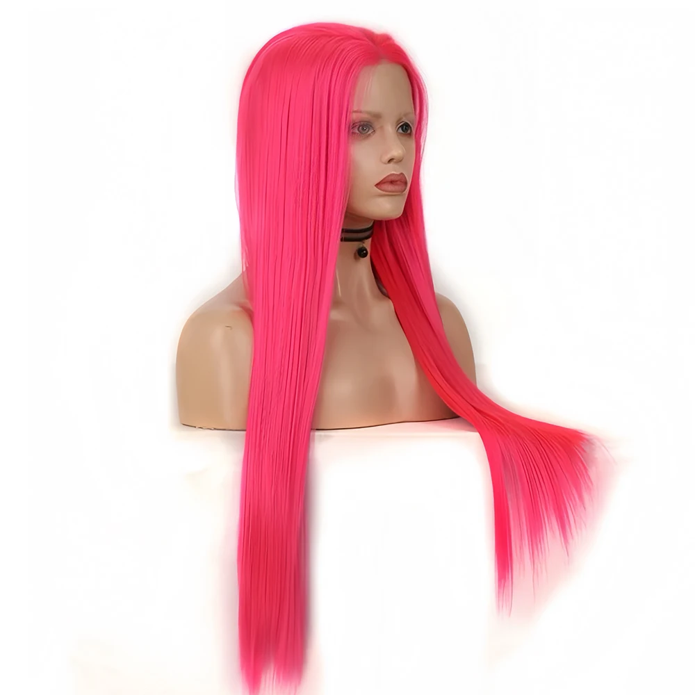 Hot Pink Wig Synthetic Lace Wig Long Silk Straight Hair Frontal Lace Wigs for Women Daily Wear Long Bright Pink Straight Cosplay