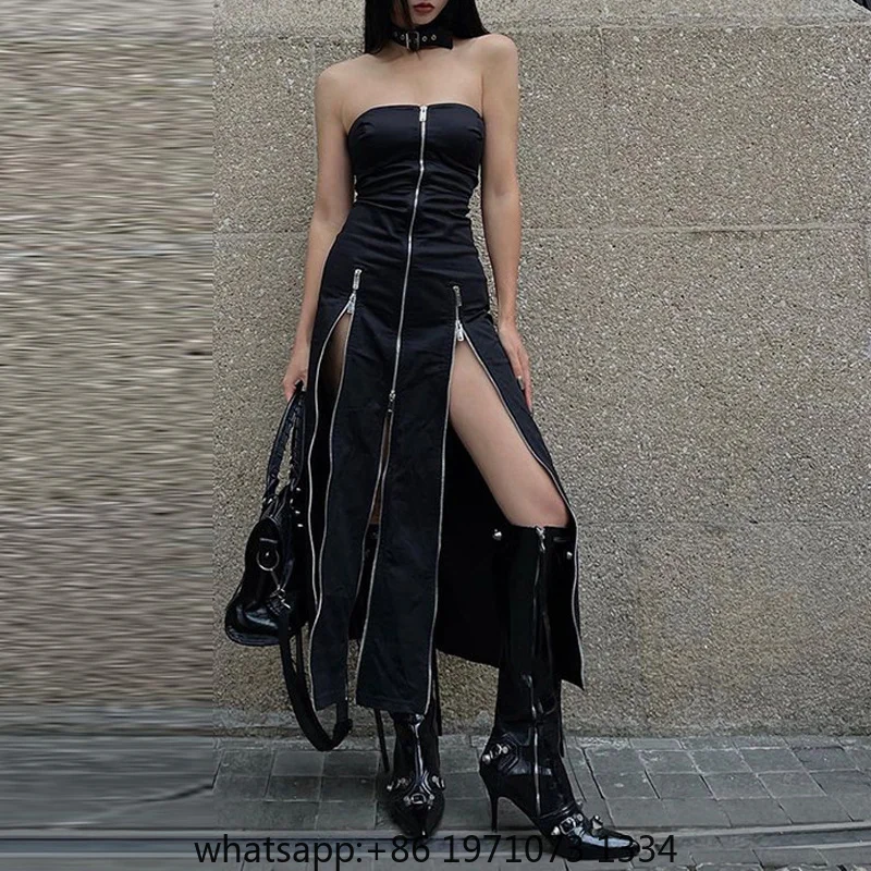 Goth Dark Techwear Fashion Zip Up Midi Dresses Cyber Y2k Mall Gothic Split Women Tube Dress Partywear Punk Off Shoulder Outfits