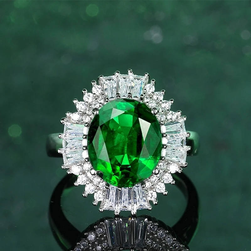 

PT950 Platinum Full Diamond Ring 10 * 12 Artificially Cultivated Gemstone Green Nano Pink Gold Micro Set Engagement Ring