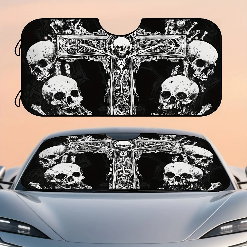 1pc, Car Front Glass Sunshade Visor, Skull Celtic Cross Skeleton Gothic Design, Easy Setup, Heat Resistant, Suitable For Multipl