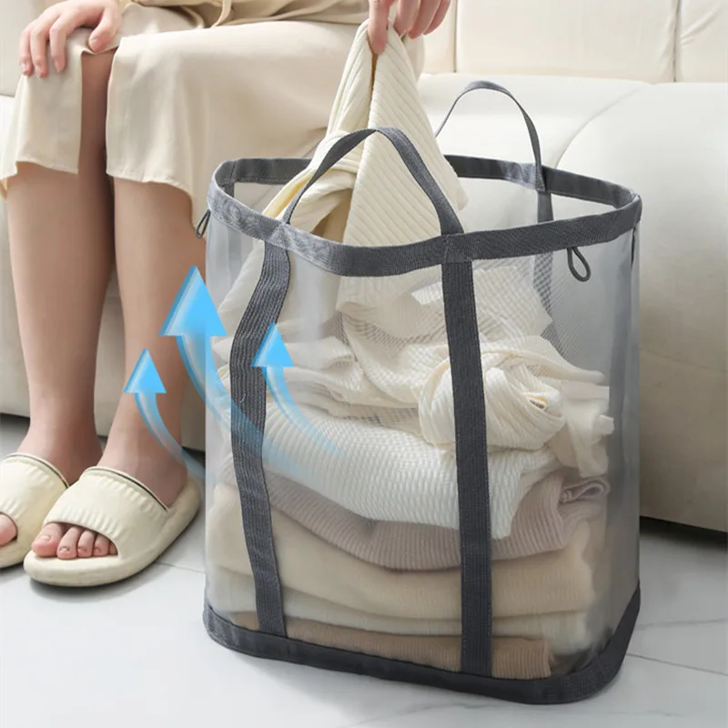 Large Capacity Organizer Foldable Laundry Basket Nylon Mesh Laundry Basket with Handle Breathable Dirty Clothes Organizer