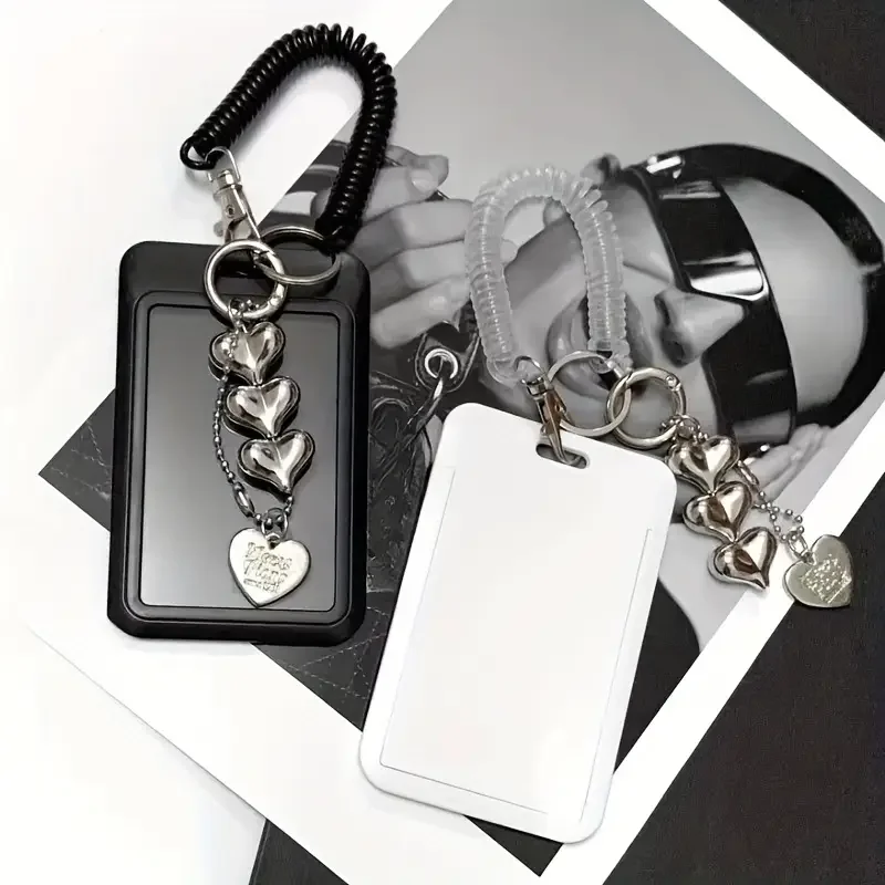 Heart-Shaped ID Card Holder Keychain Work Badge Keyring with Photo Storage Small Card Protector for Office Daily Use