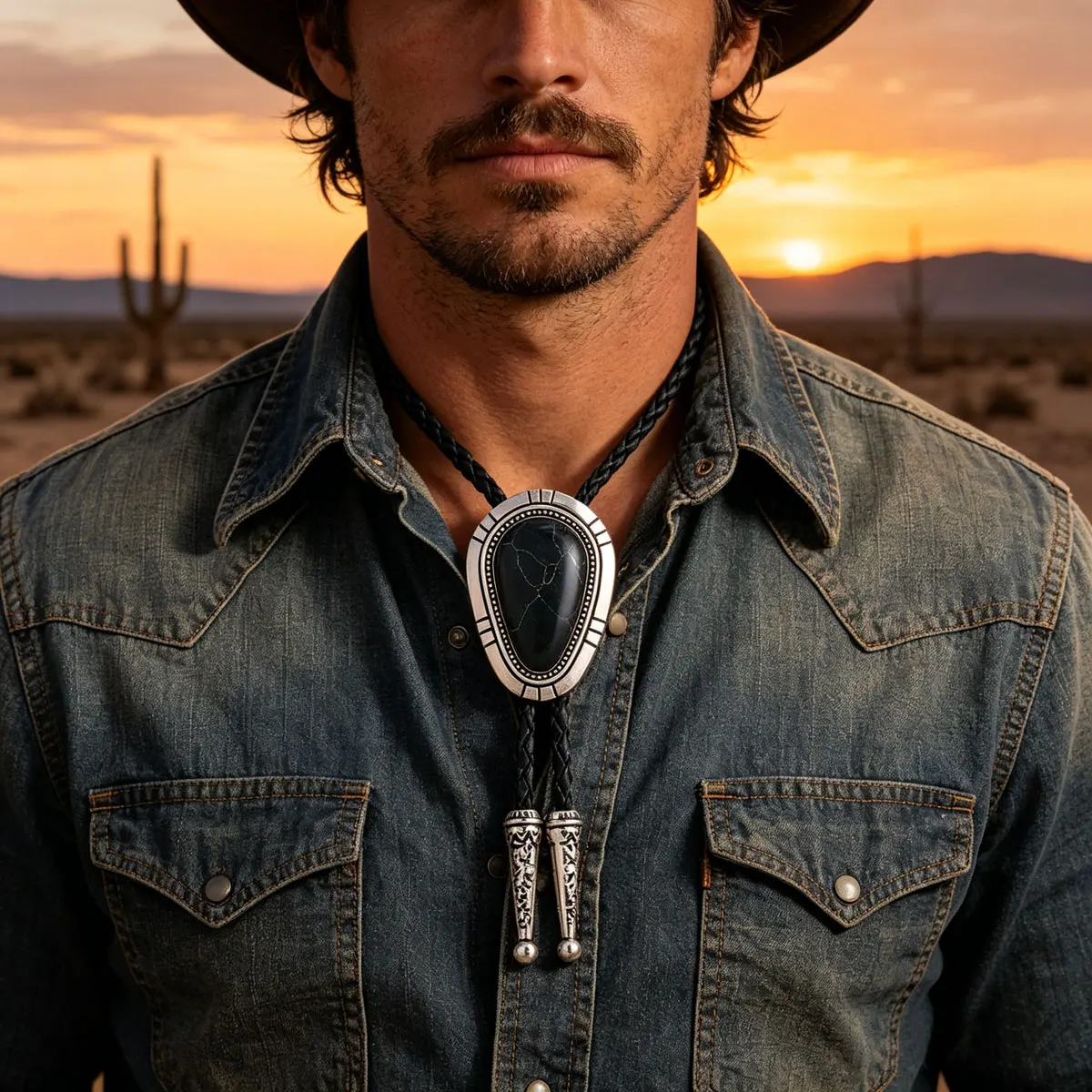 Western Cowboy Retro Fashion Drop-shaped Metal Edging Style Black Obsidian Men Bolo Tie
