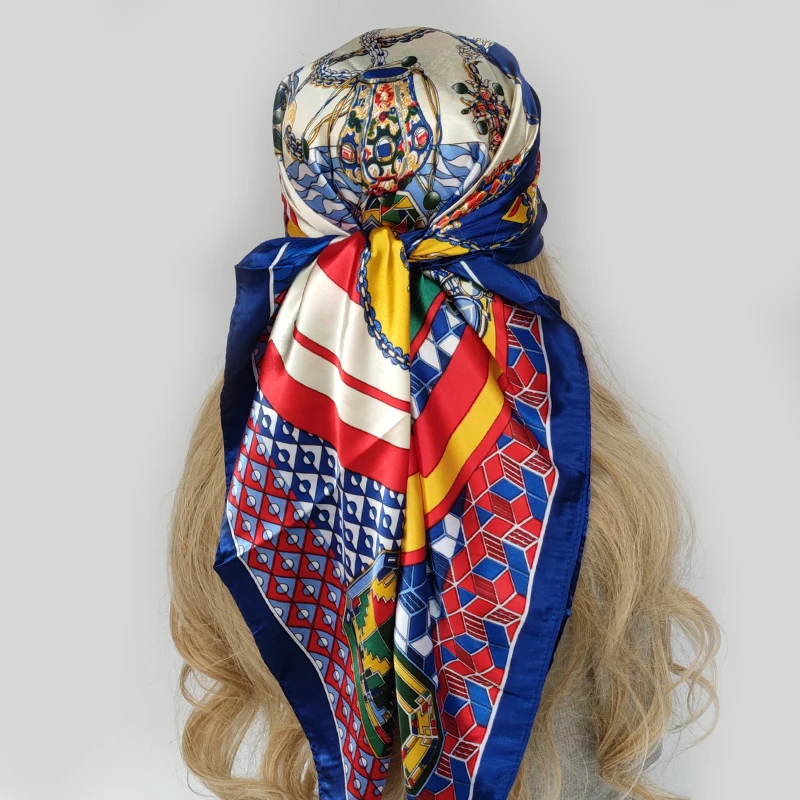 90*90cm Women Scarf Silk Feeling Hair Neck Square Brand Office bandanna muffler Waiter Flight Attendants Handkerchief Rings wrap