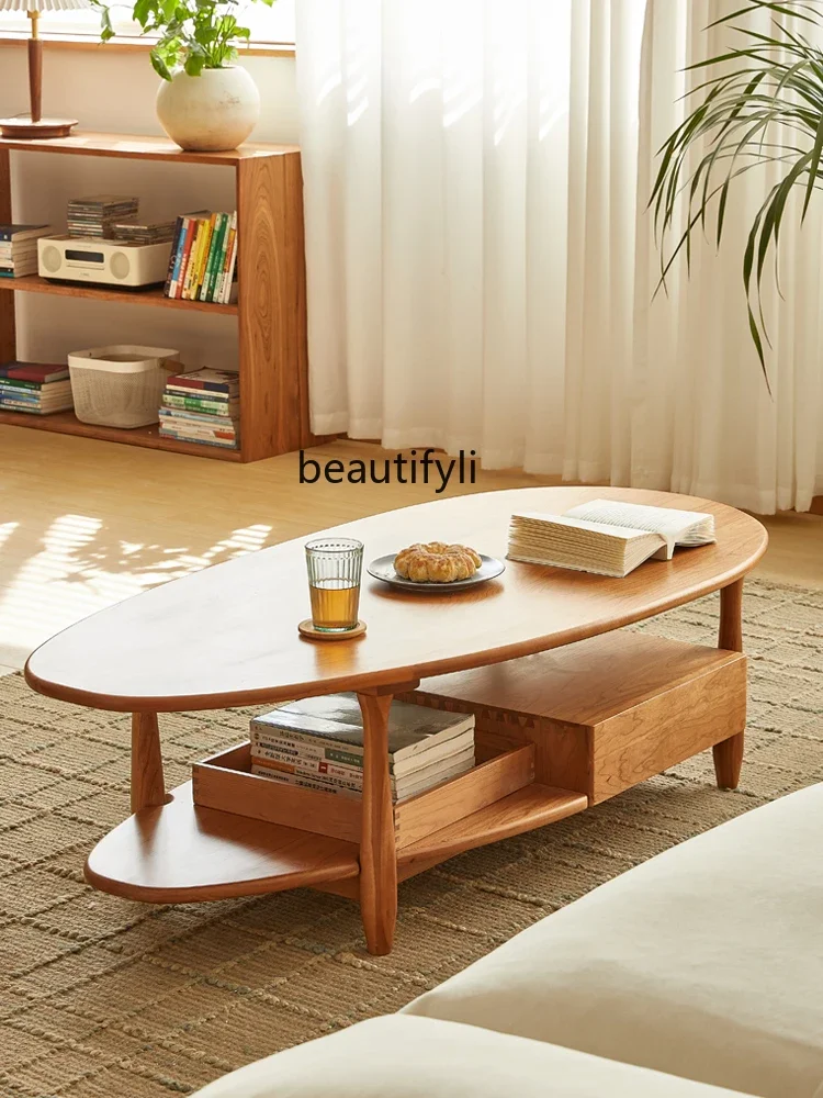 

Nordic solid wood coffee table cherry wood living room tea table multi-functional small apartment with drawers