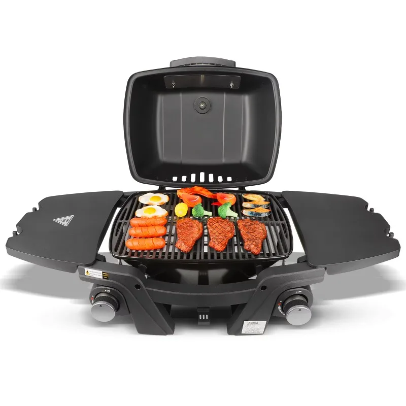 

Portable dual burner gas grill for outdoor cooking with collapsible side panels