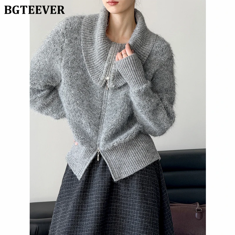 

BGTEEVER Elegant Warm Ladies Zipper up Knitted Cardigans Autumn Winter Stylish Long Sleeve Lapel Women Sweaters Tops