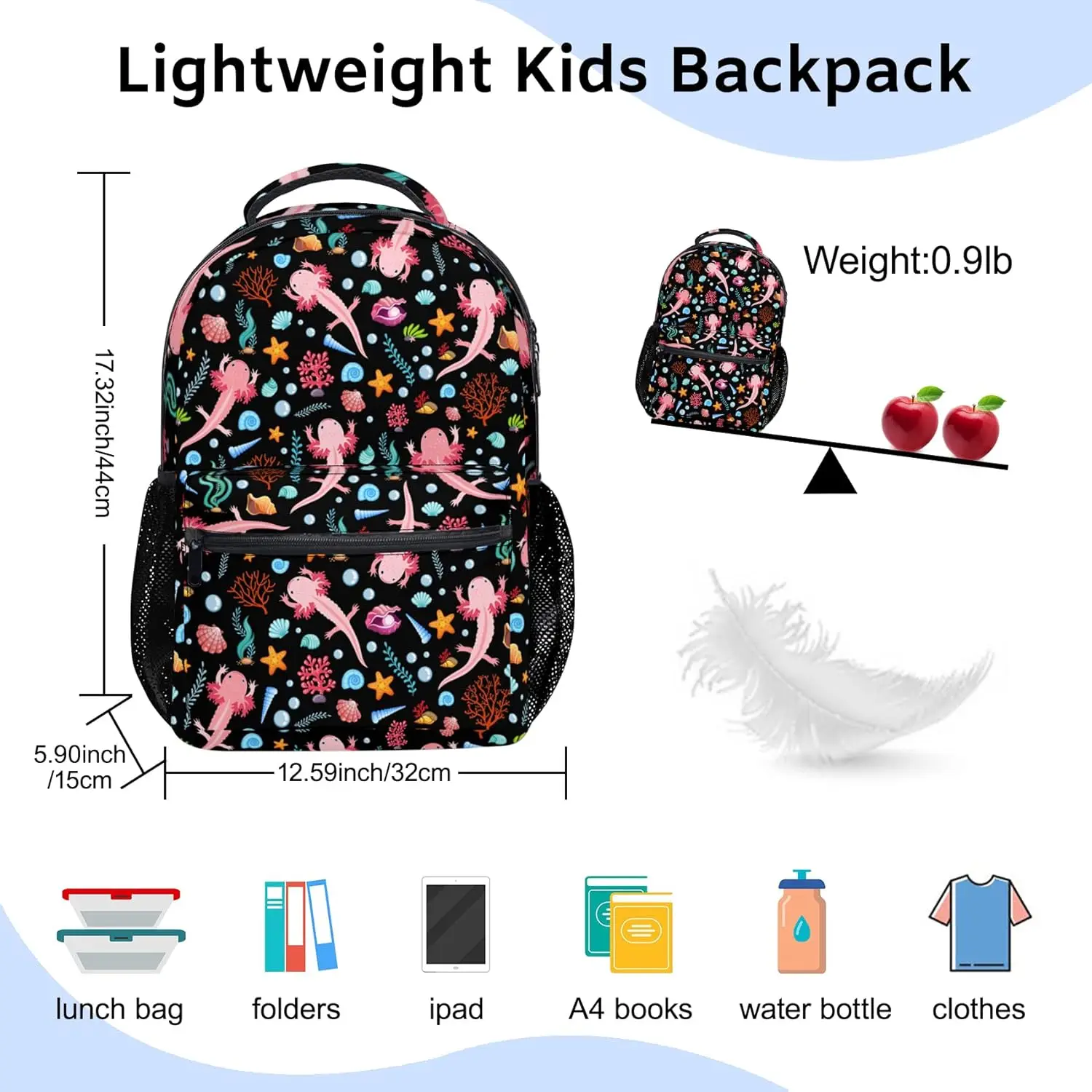 Black Axolotl Print Kids Backpacks for Girls Boys Middle-School Elementary Bookbags 17 Inch Waterproof Lightweight Schoolbag