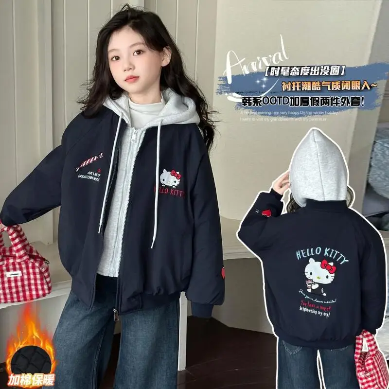 

Зимняя куртка Sanrio Hello Kitty из двух частей (имитация) из хлопка, новинка 2025 года, для девочек, зимняя одежда, милая, модная, теплая, детская верхняя одежда