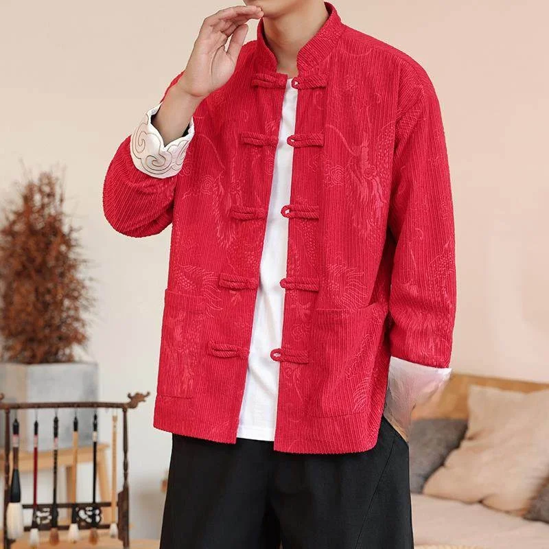 

New Chinese Sle Men's Winter Jaet Long Sve Corduroy Embroidered Dragon Pattern Retro Buttoned Zhongan Coat Trendy