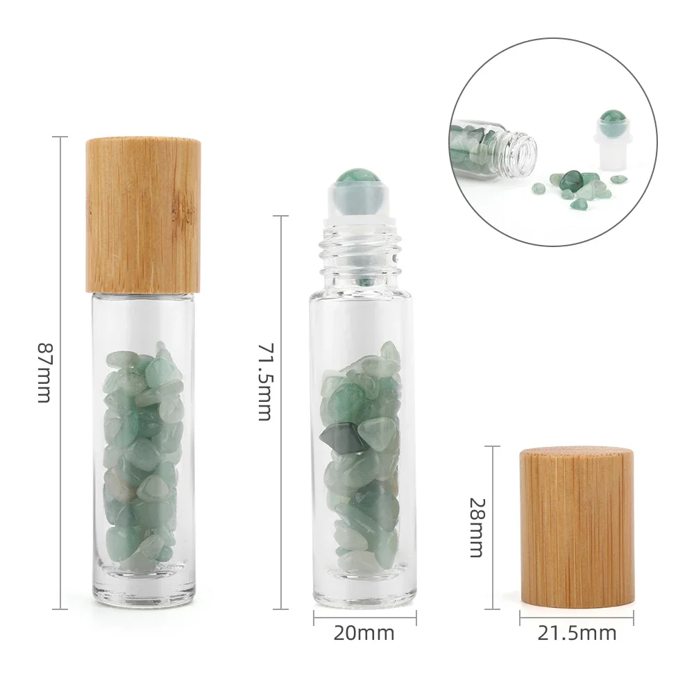 10pcs Essential Oil Bottles Roll On Roller Ball Crystal Chips Jade Stones Bottle 10ml Refillable Perfume Container Bamboo Lid