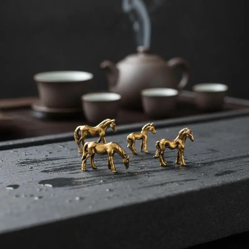 1/4Pcs Miniature Antique Long Tail Horse Figurines Feng Shui Ornament Copper Alloy Zodiac Animal Mini Desktop Crafts Home Decor