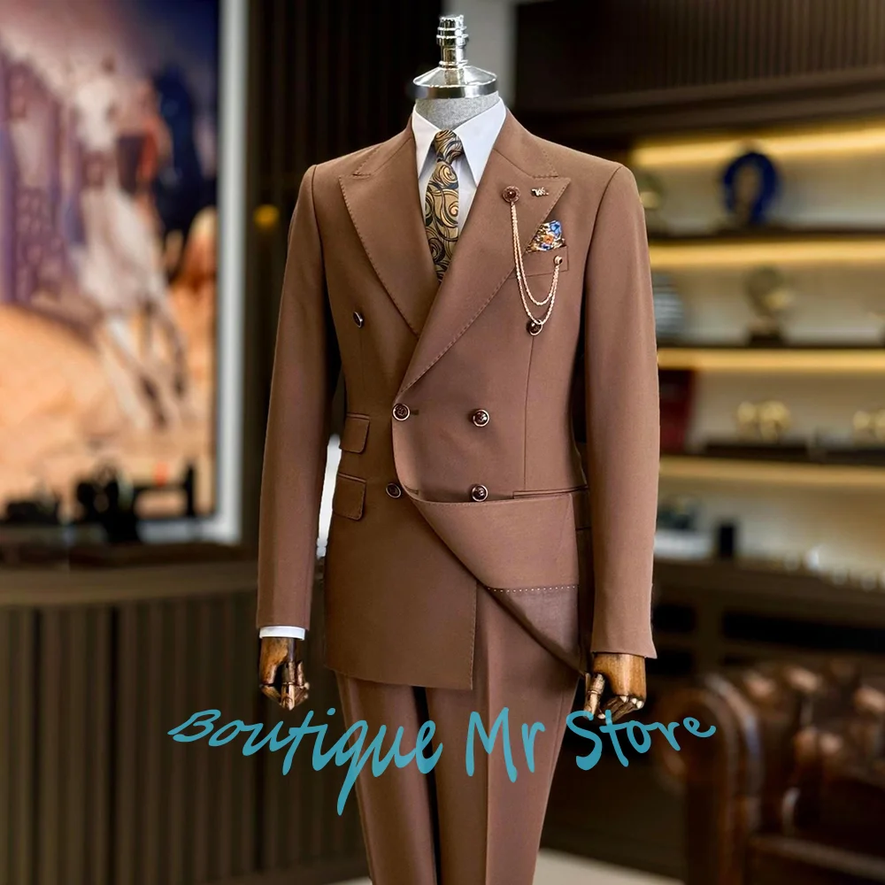 

Elegant Men's Brown Double Breasted Suit Set Formal Business 2-Piece Jacket Pants Peak Lapel Blazer Wedding Groom Outfit