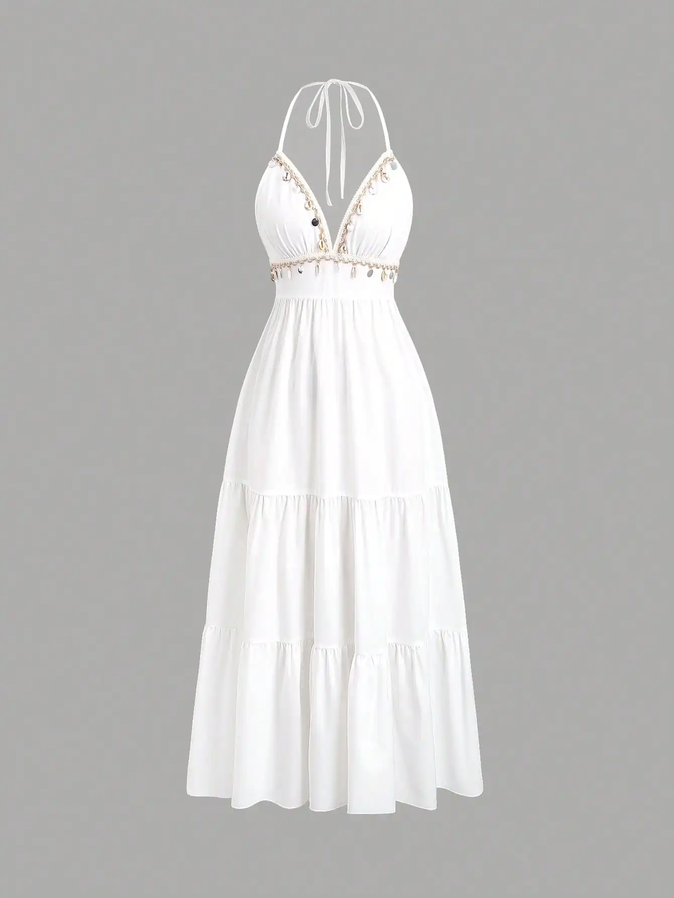 

White Bohemian Halter Neck Tiered Maxi Dress with Embellished Trim