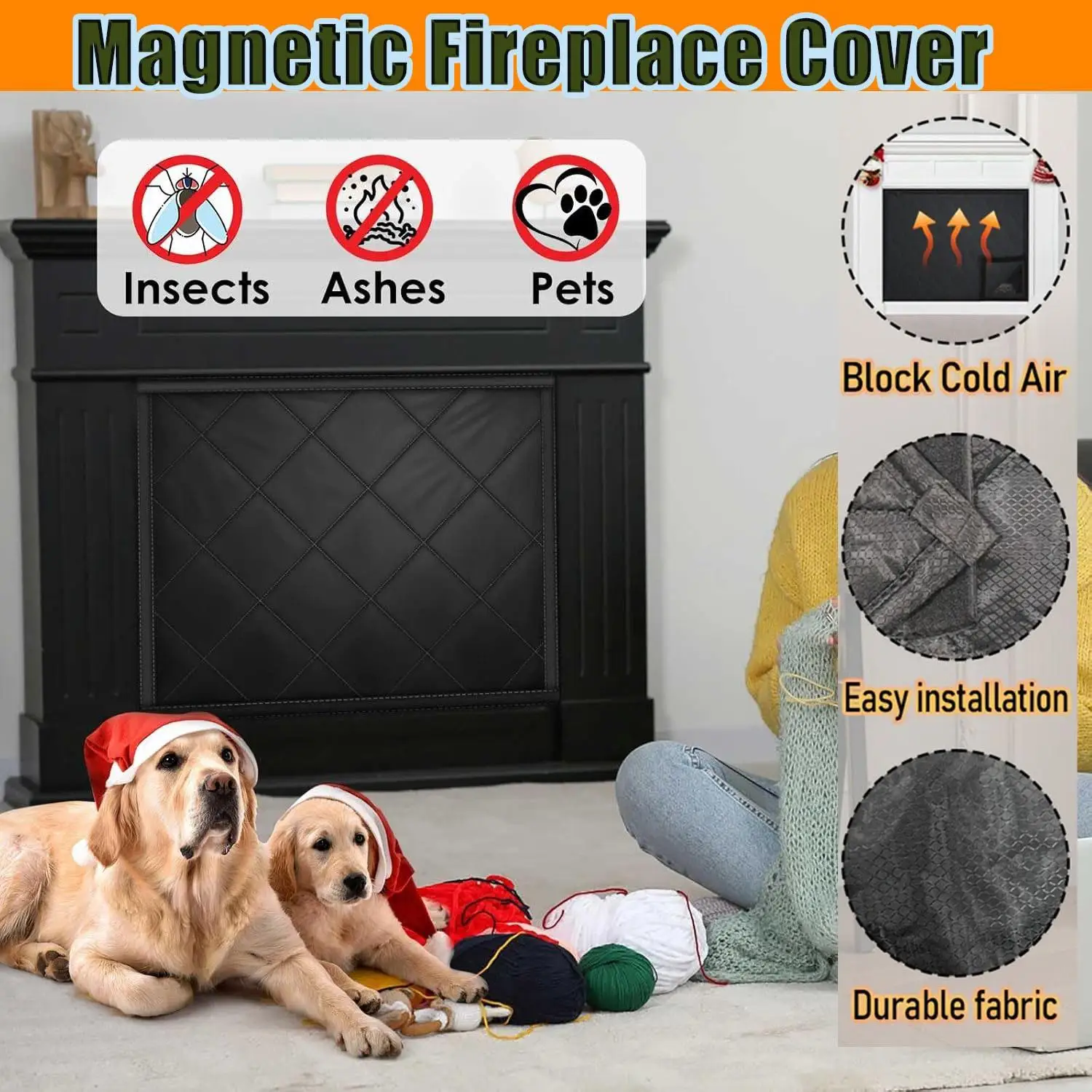 Magnetic Fireplace Cover, Thick Quilted Draft Stopper,Cold Air Block Insulation,Minimalist Style, Checkered Pattern Door Curtain