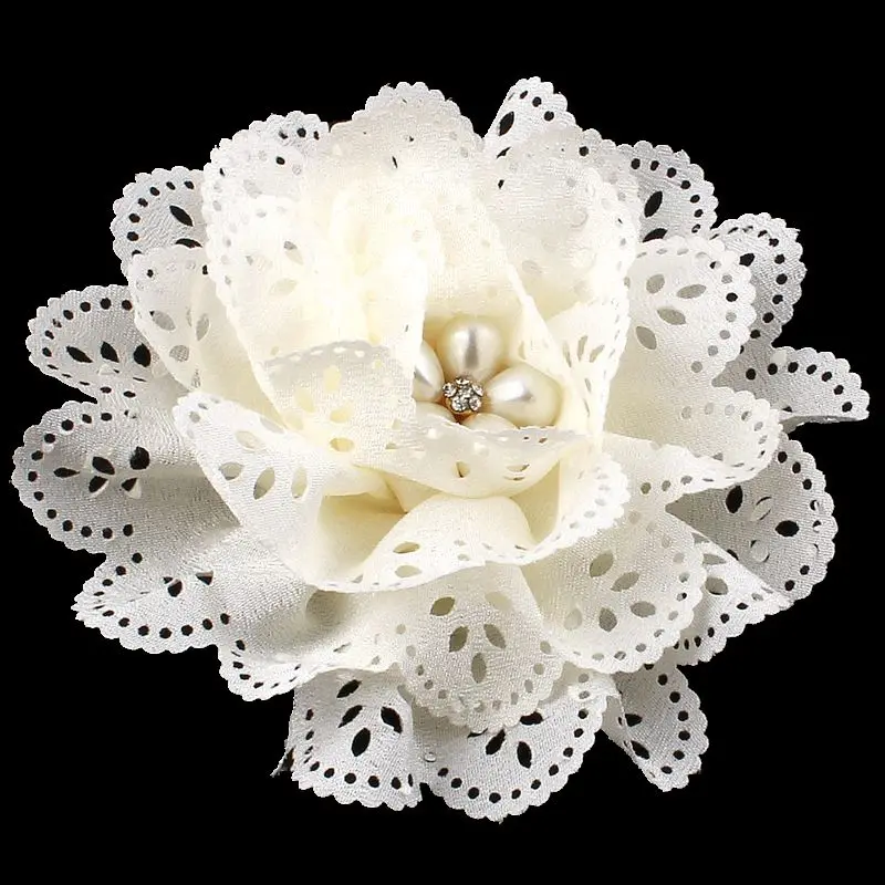 

(200pcs/lot)4" 15Colors Fashion Solid Pearl Center Flowers For Hair Accessories Eyelet Hollow Out Fabric Flowers For Headbands