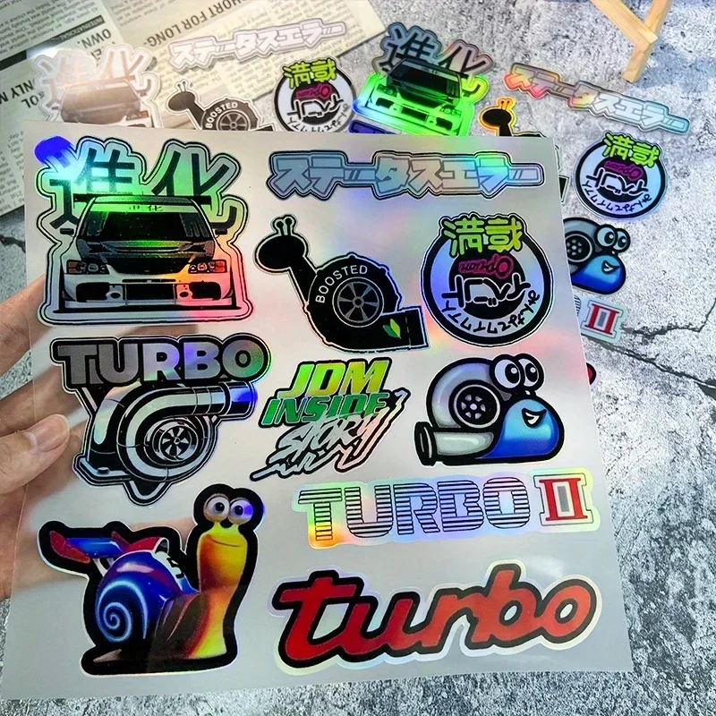 مجموعة ملصقات سباق التوربينية الرائعة، شارات فريدة تتميز بشعارات Turbo ورسومات الحلزون الممتعة لتخصيص رحلتك