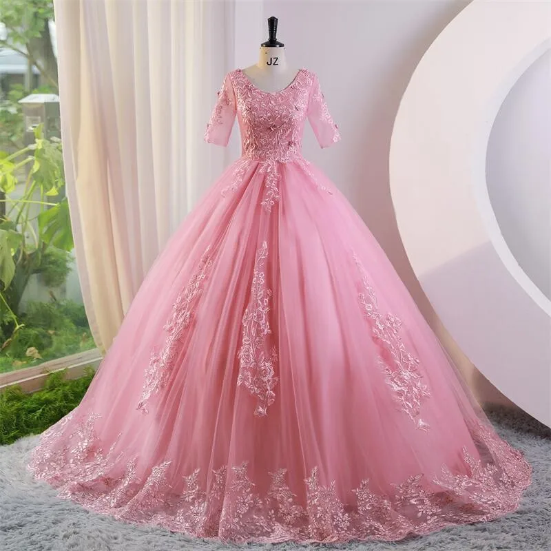 Ashley Gloria-Vestidos de Quinceañera de manga corta para mujer, vestido de fiesta Rosa elegante, vestido de baile clásico de encaje, Vestidos de foto Real, nuevo, 2023