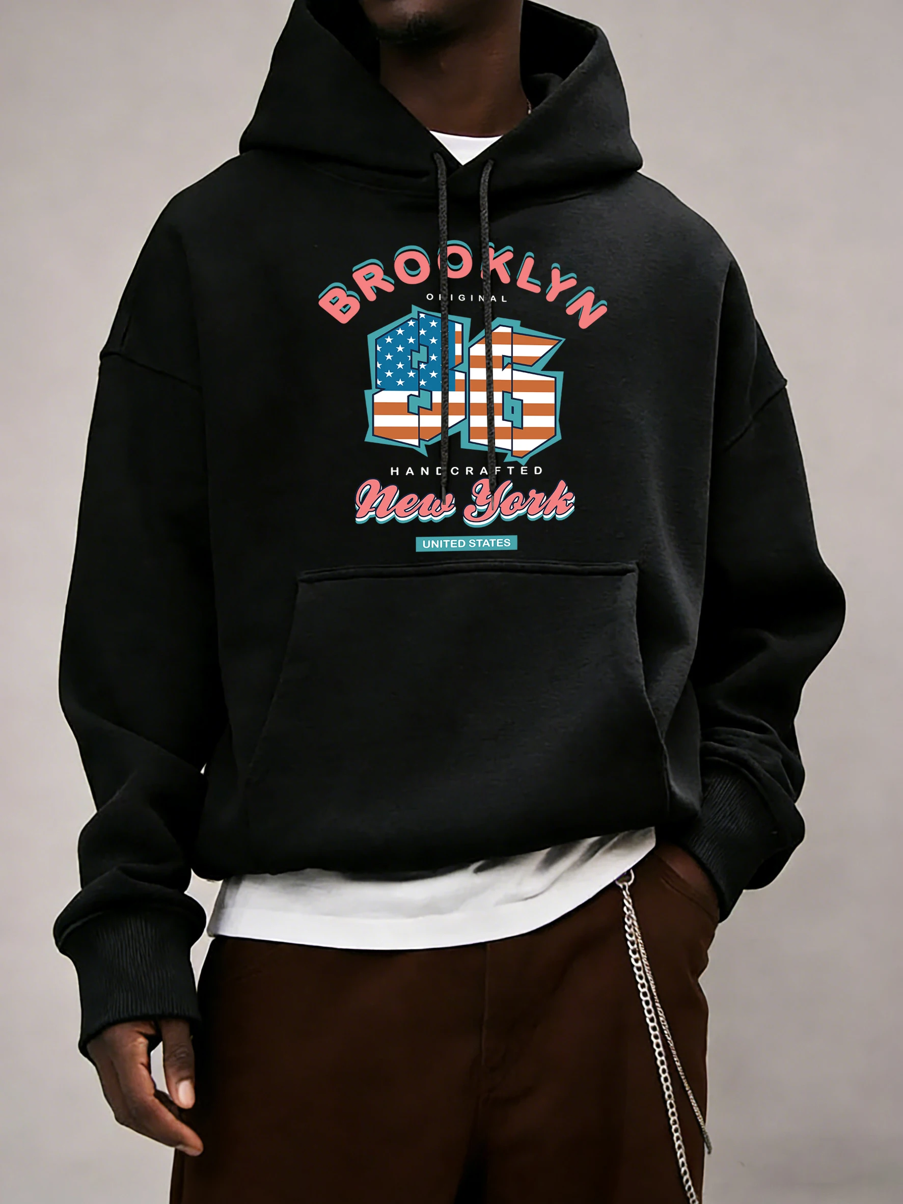 

Brooklyn New York Usa Letter 86, толстовки с принтом, мужские карманные повседневные толстовки с длинными рукавами, осенний пуловер в стиле хип-хоп, флисовая свободная уличная одежда