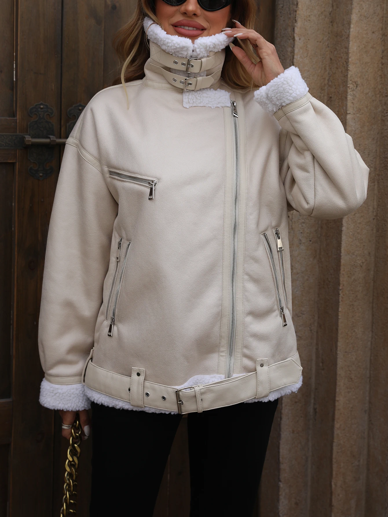 Winter dames faux scheren bontjas warme dikke bont gevoerde kunstleren jas