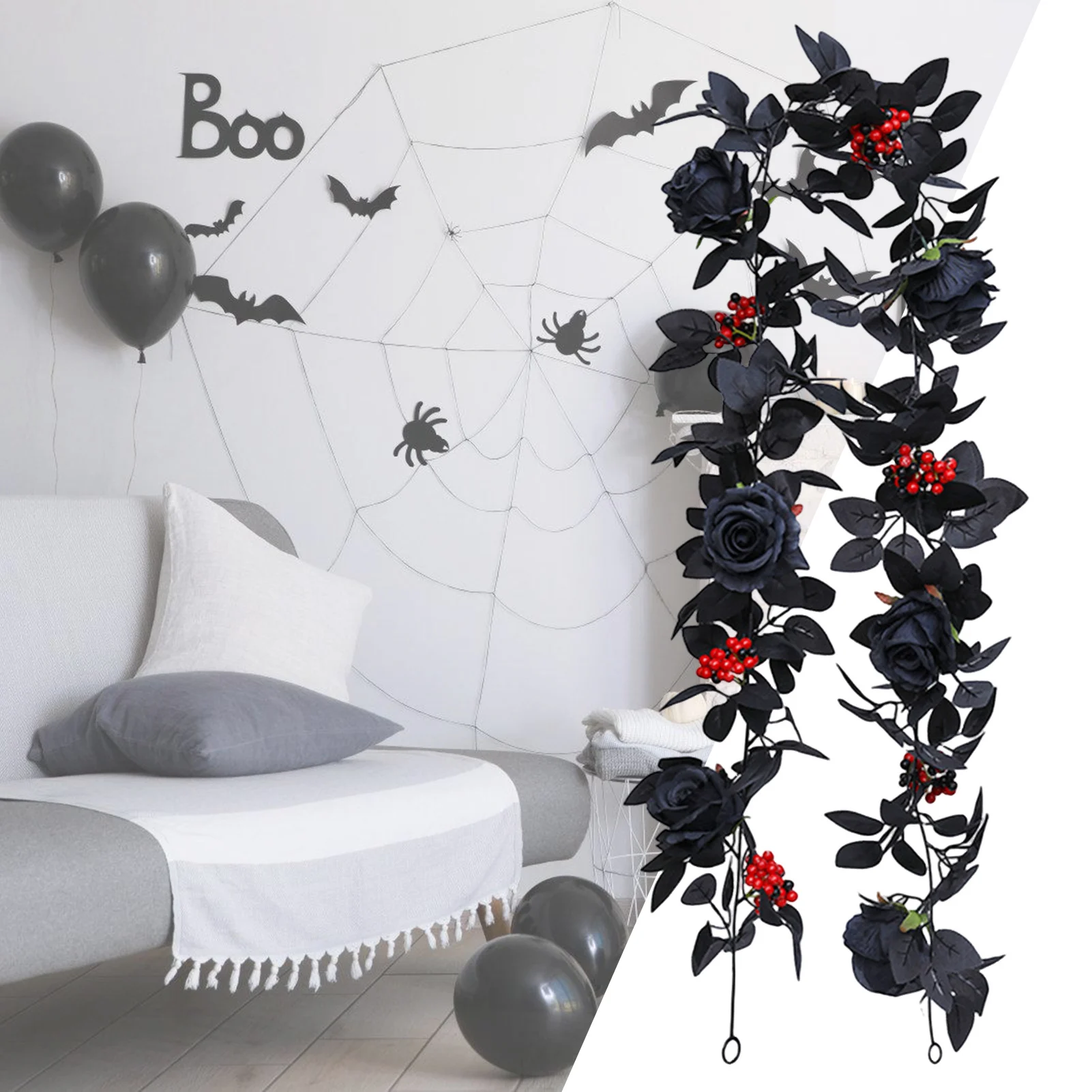 

1.75m Halloween Decoration Vine Artificial Simulated Black Rose Vine For Door Window Fireplace Table Decor Party Decoration Prop