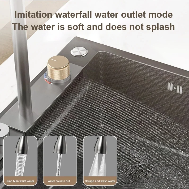 Multifunctional Stainless Steel Household Waterfall Kitchen Sink Large Single Slot Vegetable & Dish Washing Basin