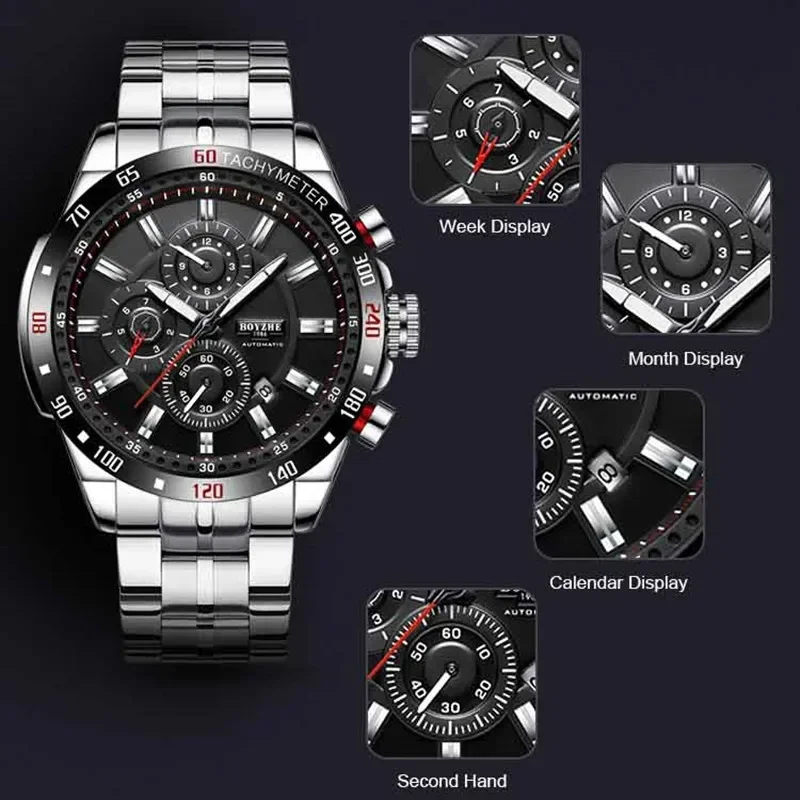 BOYZHE Men Sport Watch Automatic Mechanical Wrist Watch Week Month Calendar Display Luminous Hands Waterproof Watches for Men