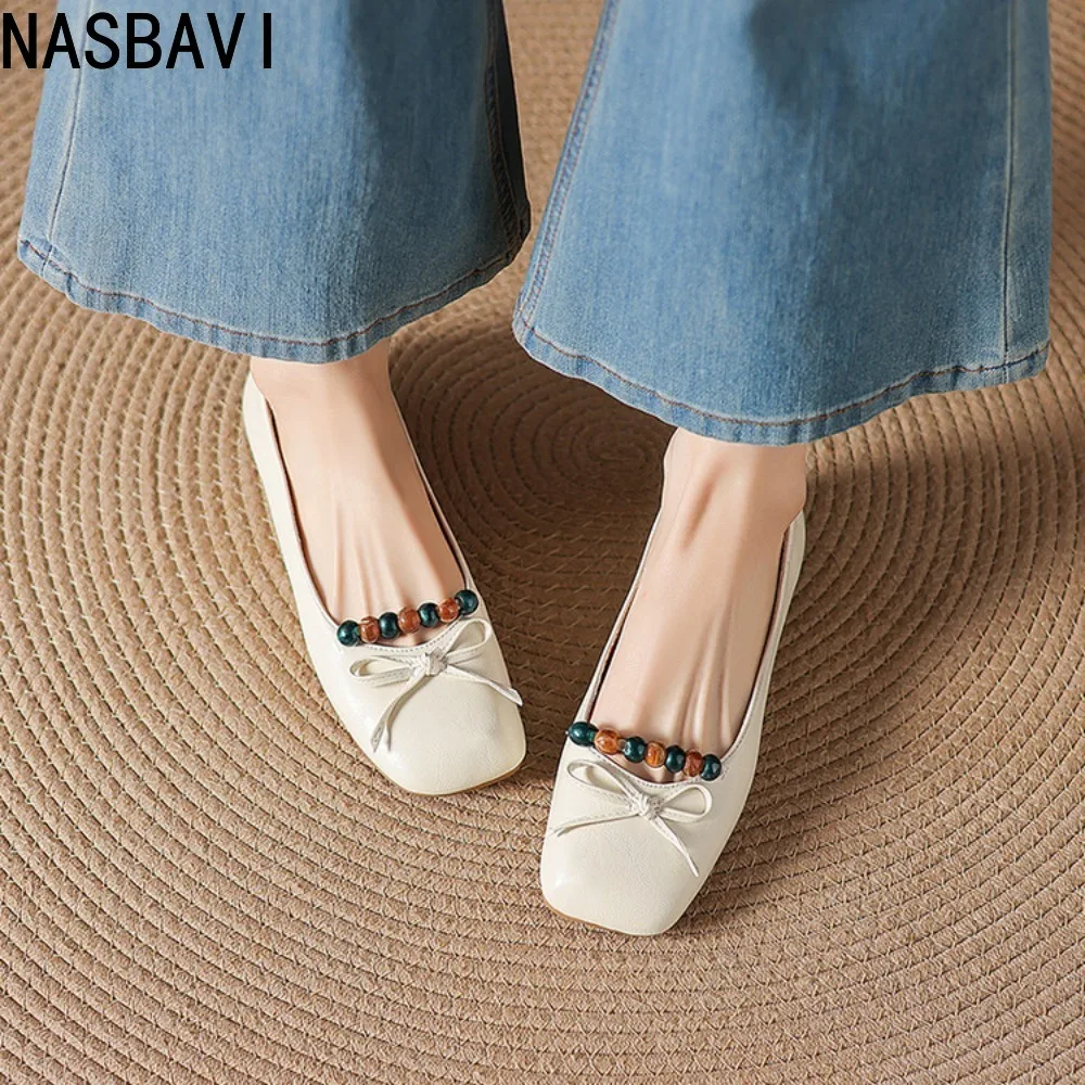 New Spring Autumn Soft Leather Shoes Fashion Retro Pearls Shoes for Women Shallow French Women Pumps Loafers OL Single Shoes