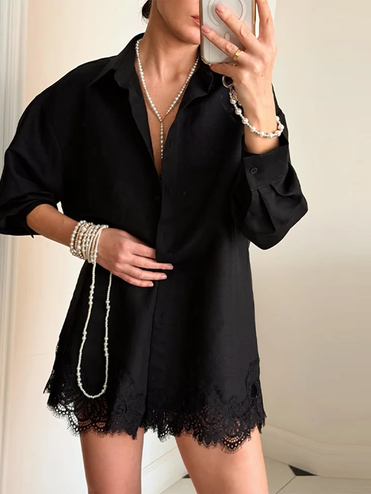 Chic Women Office Shirt Set Casual Lace Patchwork Single Breasted Long Sleeve Lapel Female Blouse Short Pant Summer Streetwear - view 2
